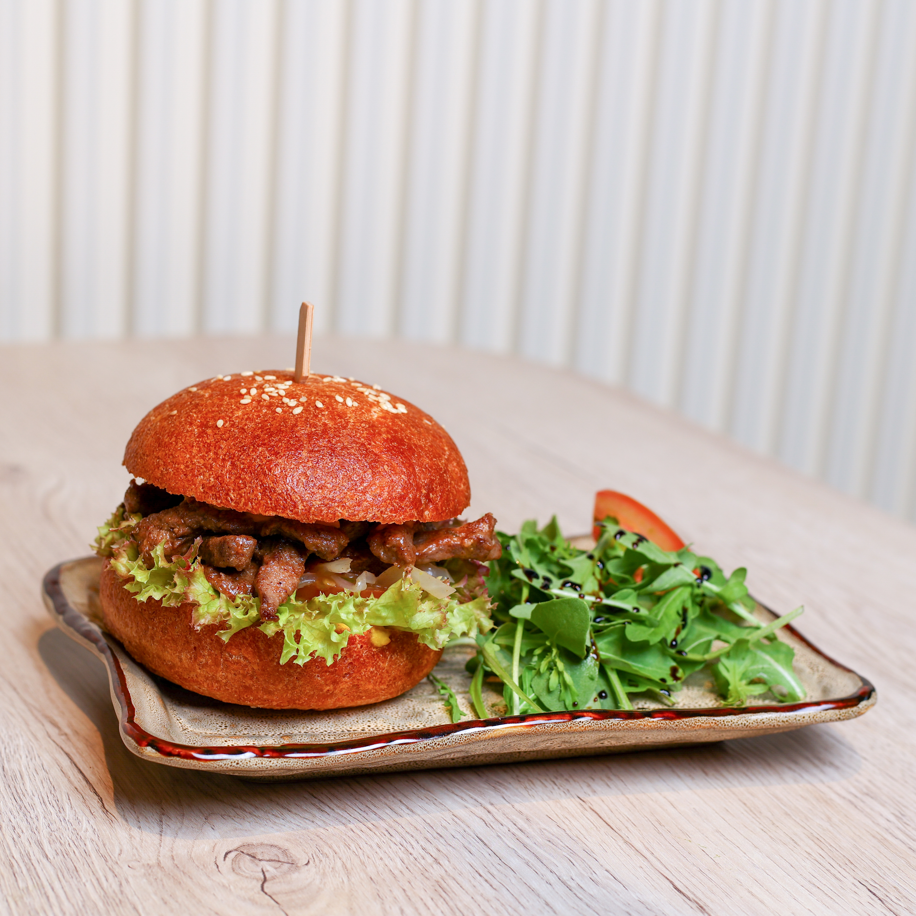 Beef rib eye steak burger