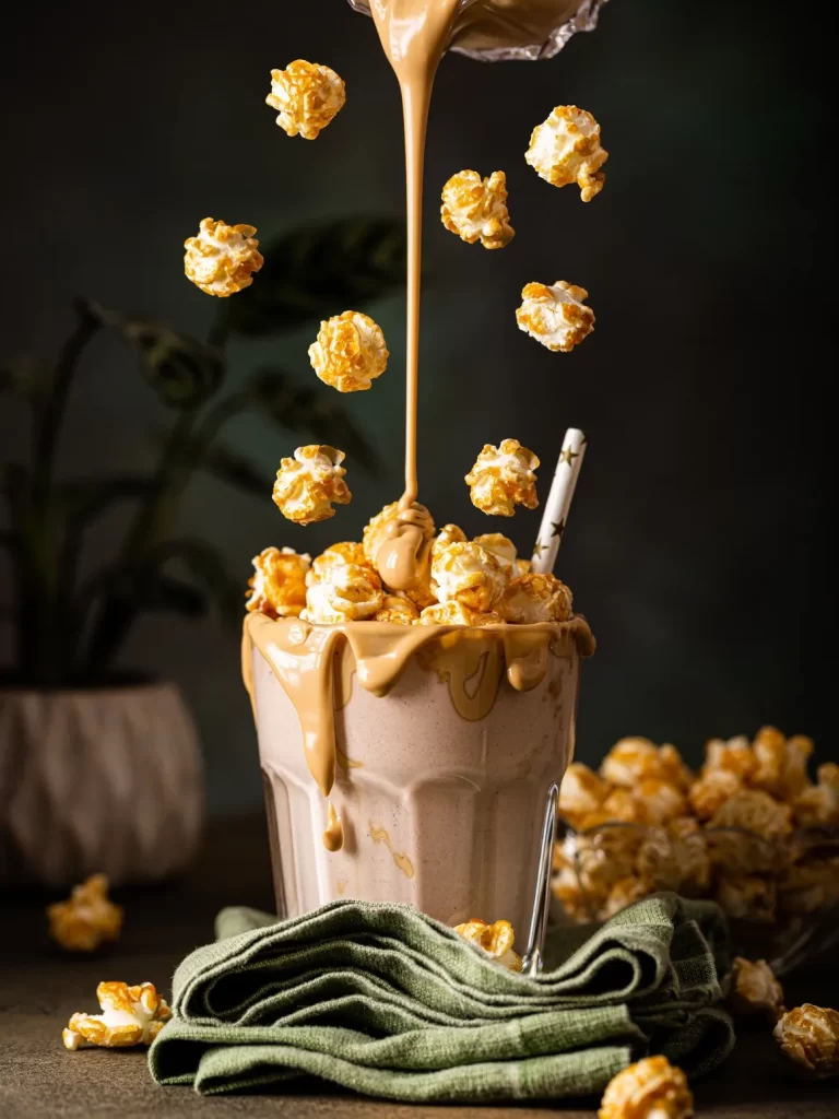 Popcorn in a glass cup with a syrup of caramel poured over it to taste our guilt-free mission