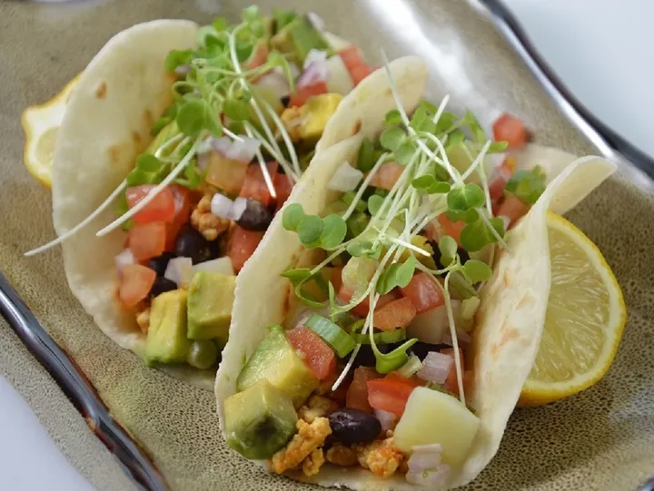 Vegan tacos offering gluten-free, diabetic-friendly, natural lunch and dinner meals.
